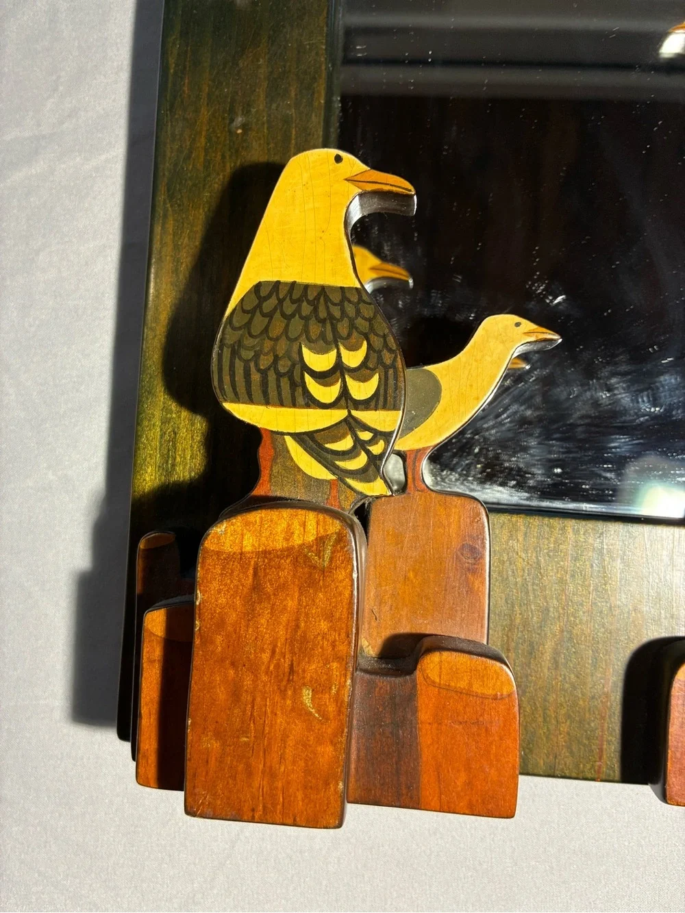 Vintage 1974 Signed WHiT Folk Art Wood Seagull Wall Mirror Hand Painted Decor